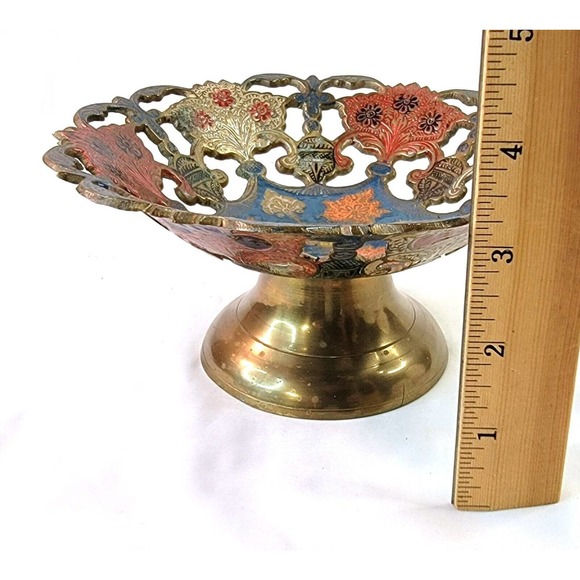 Vtg Brass 7" Elegant Boho Reticulated Pedestal Bowl w/ Intricate Enameled Design - Picture 5 of 7